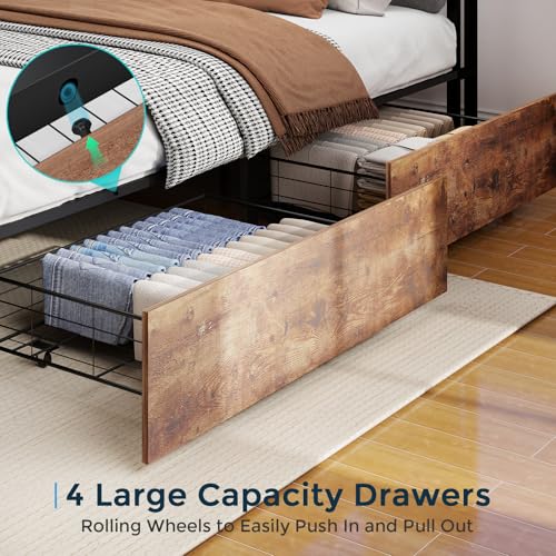 Image of Full Size Bed Frame with 4 Storage Drawers, Full Bed Frame, Vintage Brown | LED Light, Charging Station, Wood Headboard, Metal Platform, No Box Spring Needed, Noise Free, Easy Assembly