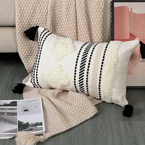 Boho Cushion Covers 30x50cm, Tufted with Tassels Pillow Covers Decorative Square Throw Pillow Case Woven Pillowcases for Couch Livingroom Sofa Bed with Invisible Zipper (Black off White)