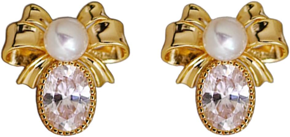 Cute CZ Pearl Bow Stud Earrings for Women Gold-Toned 925 Sterling Silver Post Pin Oval Cubic Zirconia Bowknot Studs Earring Delicate Samll Shell Pearl Wedding Party Jewelry