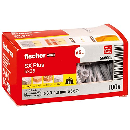 fischer 568005 - Taco de expansión SX Plus 5x25, caja con 100 anclajes de nylon, anclajes para una sujeción óptima al fijar en hormigón, ladrillo macizo, ladrillo (Caja 100 unidades)