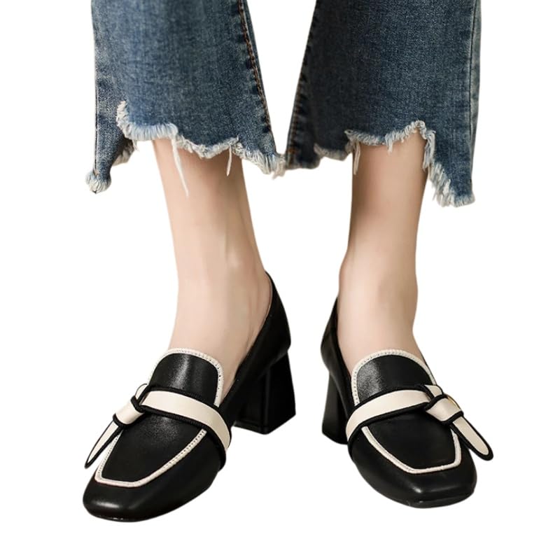 Scarpe Tacco Donna,Stile retrò, Testa Quadrata, Tacchi Spessi, Pelle Morbida