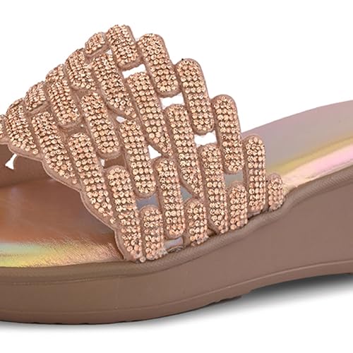 Image of Centrino Women's Crystal Embellished Wedge Sandals | Lattice Slide Flip Flop | Soft Cushioned Pearl Footbed | Elegant & Trendy Low Platform Wedge| Open Toe Slip-On Durable Fashion Footwear (9315)