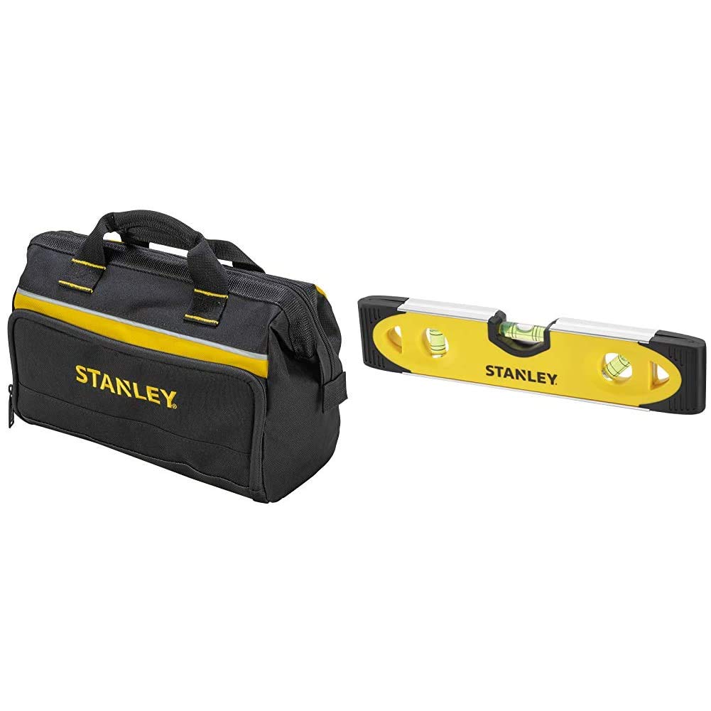 STANLEYTool Bag 30 x 25 x 13 cm in Resistant 600 x 600 Denier with 8 Interior 2 Exterior Pockets and Reinfored Base 1-93-330 & Shock Proof Torpedo Level 230 mm/9 Inch 0-43-511