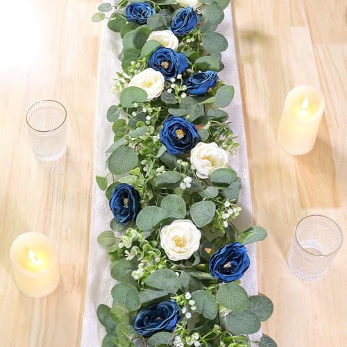 TOCHGREEN 2 Pack 13Ft Artificial Eucalyptus Flower Garland with White and Blue Roses Fake Rose Flower Greenery Garland Floral Vines for Wedding Home Party Table Runner Decor (Blue White 2PCS)