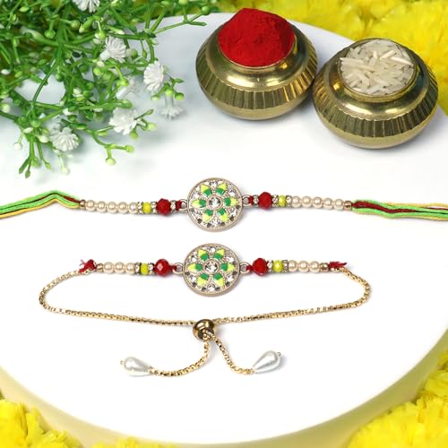Image of Oblivion Rakhi Set for Brother and Bhabhi - Peacock with Feather Gift for Bhai & Lumba for Bhabhi with Silver Colour Coin and Greeting Card - Raksha Bandhan Combo