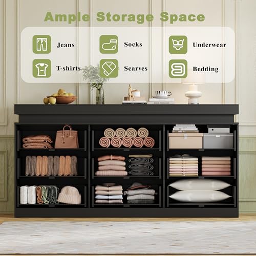 Image of Black Dresser 9 Drawer Dresser with LED Lights and Charging Station, 63 inch Wide Wood Fluted Dresser for Bedroom, Modern Chest of Drawers for Closet Dresser TV Stand for Living Room, Entryway