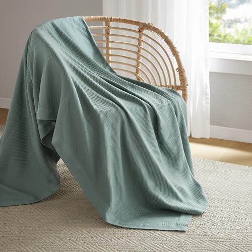 Image of Madison Park 100% Egyptian Cotton Twin Size Bed Blanket for Summer Teal | Cozy Soft Breathable Durable, Waffle Weave Woven Casual, Lightweight Knit All Season Throw for Bed Couch or Sofa, OEKO TEX