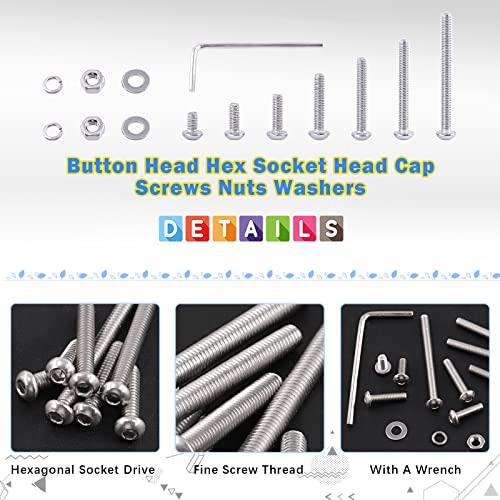 Glarks 413Pcs M5 Stainless Steel Button Head Hex Socket Cap Screw Bolt and Nut Assortment Kit with Hex Nuts, Flat Washers - Image 4