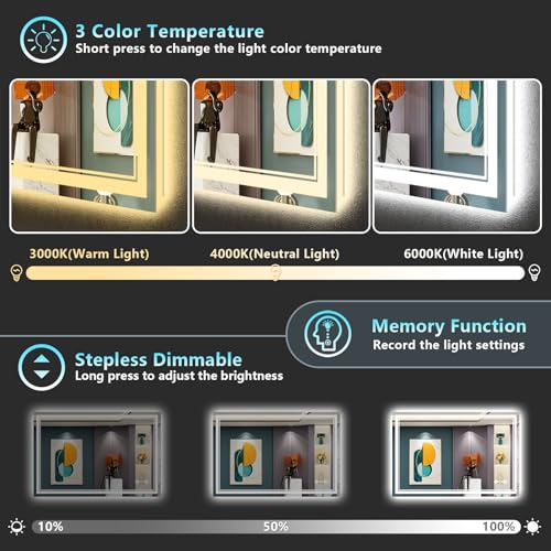 Image of 48x30 LED Bathroom Mirror with Lights, Backlit and Front Lit Anti-Fog Lighted Vanity Mirrors for Bathroom Wall, Dimmable, 3-Color Light, Memory, Shatter-Proof, HD Tempered Glass, CRI>90