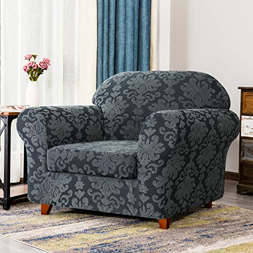 Chun Yi 2 Piece Separate Cushion Sofa Cover, Jacquard Damask Couch Cover For 1 Seaters Sofa, Stretch Spandex Slipcover Elegant Living Room Decor For Kids Pets (Small,Greenish Gray) #TOP1