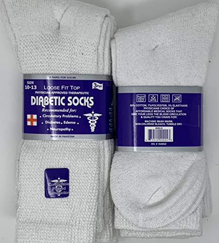 6 pair Diabetic Socks Mens size 10-13 White Crew shoe size 7-11.5