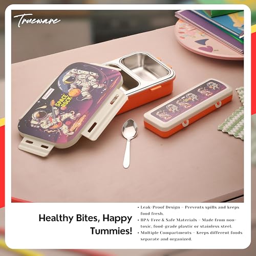 Image of Trueware Pluto Lunch Box 2 Compartment Leak-Proof BPA Free Stainless Steel, Lunch Box for Kids, Lunch Box for School & Office with a Spoon, 580 ML