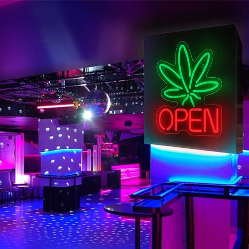 Image of Marijuana Open Neon Sign for Wall Decor Hemp LED with Dimmable Switch Sign Man Cave Art Bars Beer Cannabis High Life Neon Signs Light, Red+Green