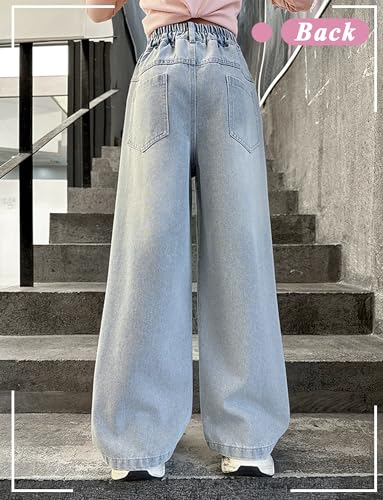 SEAUR Girl's Hip-Hop Ripped Jeans Casual Retro Elastic High Waist Denim Pants Wide Leg Jeans with Pockets 5-14 Years2