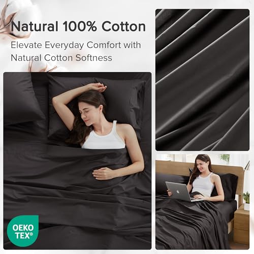 Comfort Spaces 100% Cotton Sheets Queen, Breathable, Ultra Soft Cotton Sheets, Naturally Cool Cotton Bed Sheets with 14" Elastic Pocket Fits up to 16" Mattress, All Season Sheet Set, Black 4 Piece