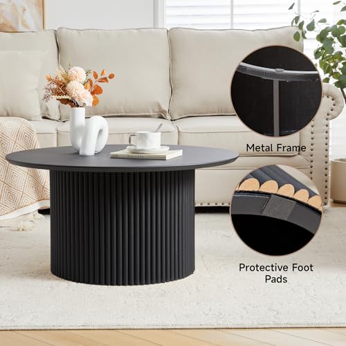 Image of 31.5 inch Round Coffee Table, Modern Fluted Accent Center Table with Metal Frame, Wooden Circle Coffee Tables for Living Room Small Space or Office (Black)
