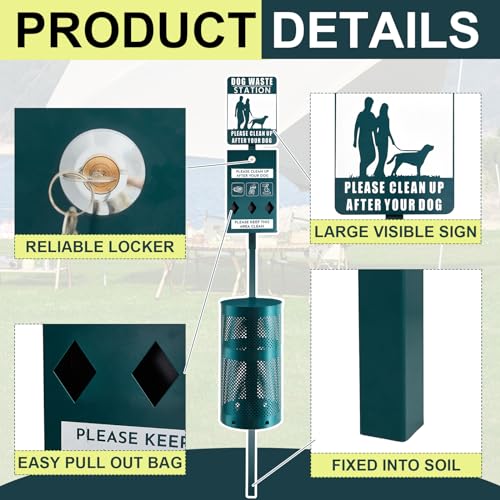 Image of Qinyoung Dog Waste Station Galvanized Steel Outdoor Pet Bin with Poop Bag Dispenser Reflective Sign Rust Proof for Backyard Commercial Park(Green)