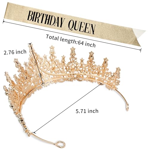 Image of Fesciory Birthday Crown for Women, Gold Plated Crystal Tiara with Sash