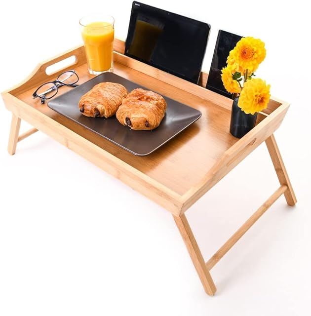 Jerabs Bamboo Wooden Serving Tray with Handles and Folding Legs - for Breakfast in Bed and Eating Dinner - with Media Slot and Low Front Lip - Ideal Laptop Table