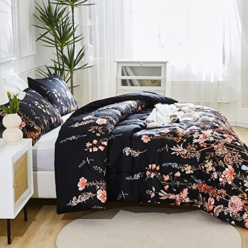 Black Floral Comforter King Size Vintage Bedding Comforter Orange Red Flowers Bohemian Floral Botanical Design Elegant Retro Black Comforter Set All Season Bed Comforter #TOP2