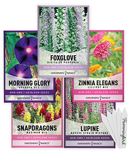Gardeners Basics Hummingbird Seeds for Planting Outdoors Flower Seeds (5 Variety Pack) Zinnia Foxglove Lupine Morning Glory Snapdragons Varieties for Bees Pollinators Wildflower Seed