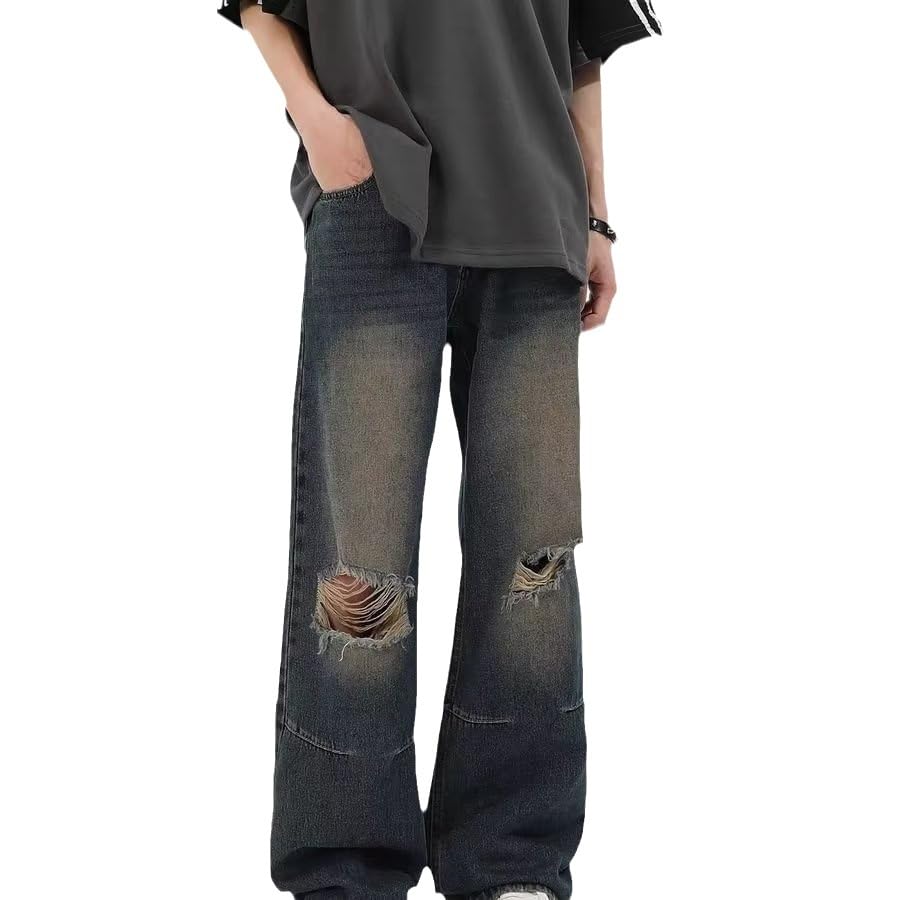 Mens Ripped Jeans Baggy Jeans Y2k Wide Leg Patches Vintage Denim Pants Casual Trendy Baggy Streetwear