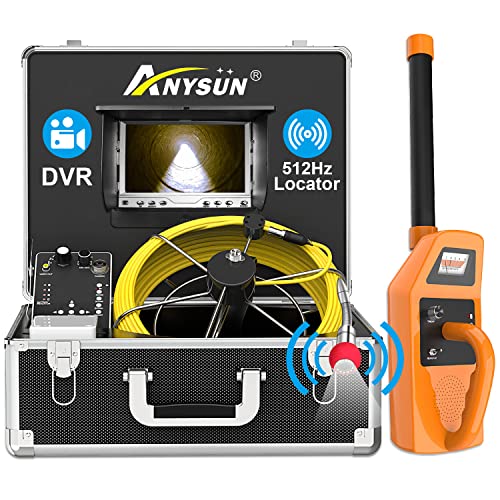 Anysun Sewer Camera with Locator, Pipe Camera with 512Hz Sonde Transmitter and Receiver, IP68 Waterproof Industrial Plumbing Endoscope Drain Snake Cam with 7' LCD Monitor, 8G SD Card (100Ft/30M Cable)