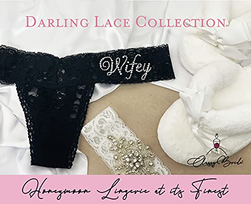 Classy Bride Wedding Underwear Bedazzled Bridal Lingerie For Women - Black Wifey Stretch Lace Thong #TOP2