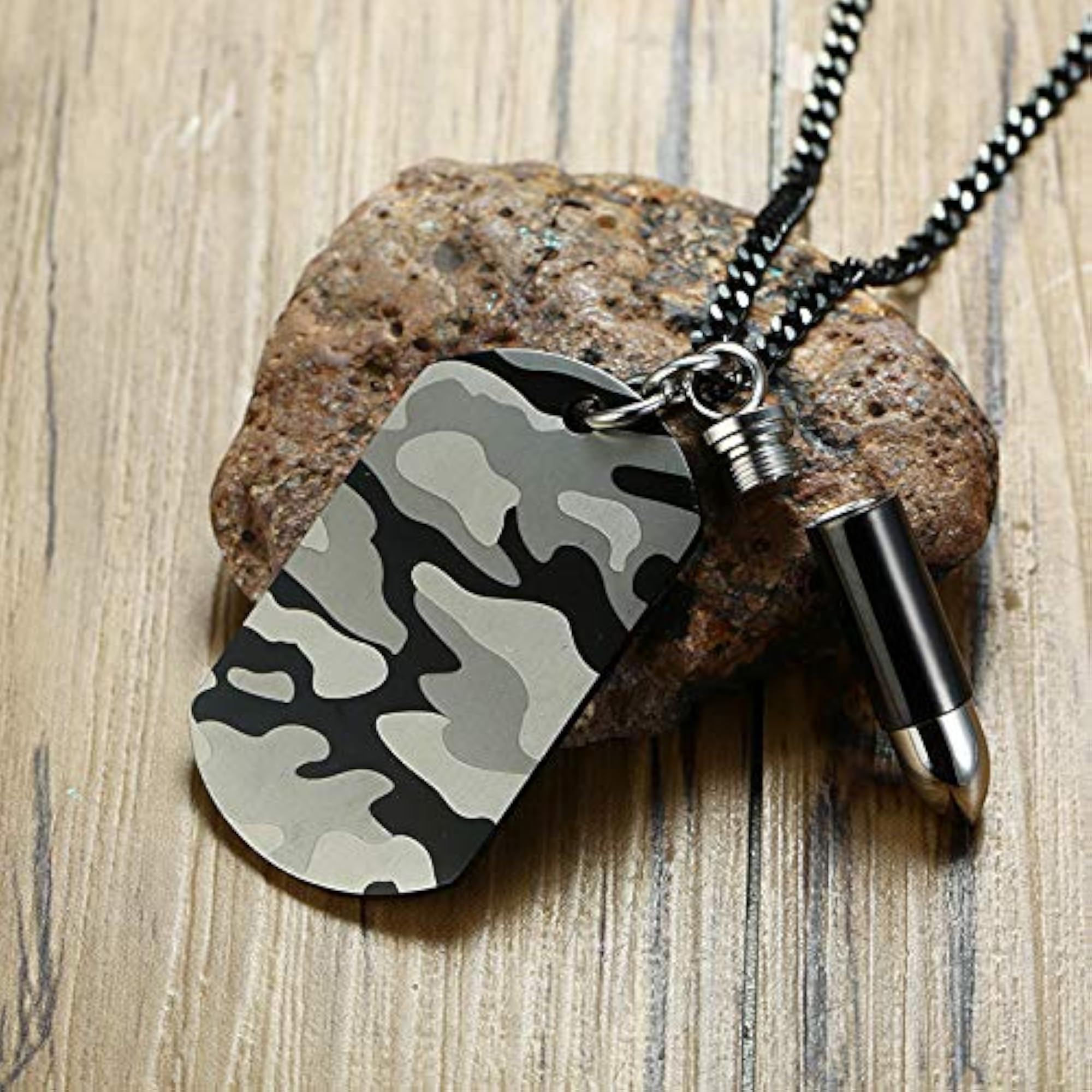 Stainless Steel Camouflage Bullet Pendant Necklace for Men