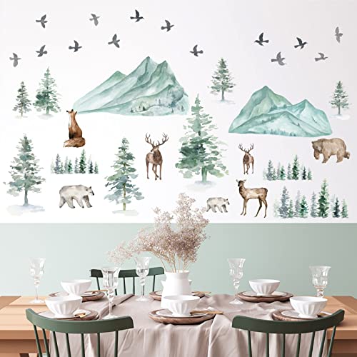 Image of Watercolor Mountain Wall Decal - Woodland Tree Animal Stickers With Flying Birds - Forest Nursery Decals for Kids Room Bedroom