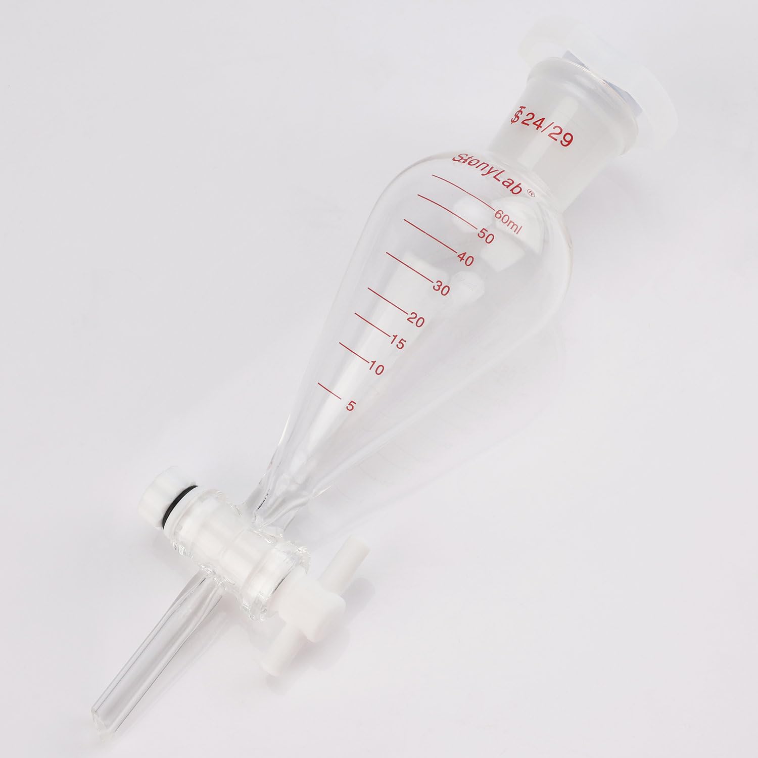 stonylab Entonnoir de Séparation Gradué, Forme de Poire Conique à Paroi Épaisse en Verre Borosilicaté, Robinet en PTFE et Bouchon Supérieur en Plastique, 60 ml