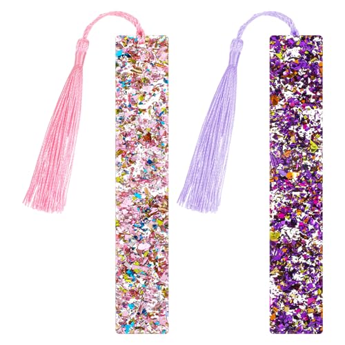 2 Pcs Glitter Bookmarks with Tassels Resin Bookmarks for Girls Kids Book Marks for Reading Purple Pink Tassel Bookmark for Girls Women Book Lover Reading Presents