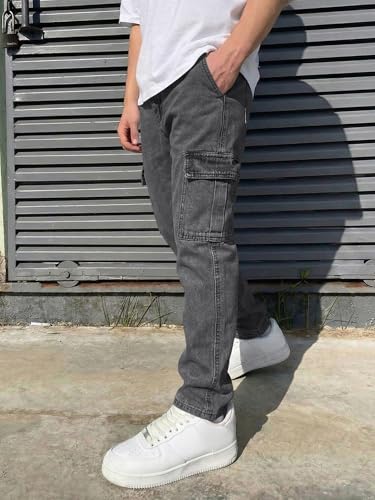 Image of JMIERR Men's Elastic Waist Cargo Jeans Stretch Denim Pants with Drawstring Relaxed Fit for Casual Daily Wear