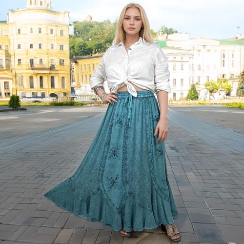 Agan Traders Women's 2025 Summer Medieval High Waisted Maxi Skirts for Women - A Line Drawstring Embroidered Long Maxi Skirt2