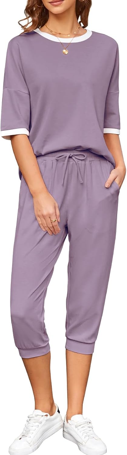 Cakulo Summer Outfits for Women Two Piece Set Short Sleeve T Shirts Jogger Capri Pants Matching Sweatsuit Athleisure Set