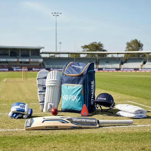 Image of Strauss Complete Cricket Kit Set with Bat, Ball, Helmet, Pads, Gloves, Guard & Kit Bag | Full Cricket Starter Set for Boys, Youth & Beginners | Right Hand | Blue