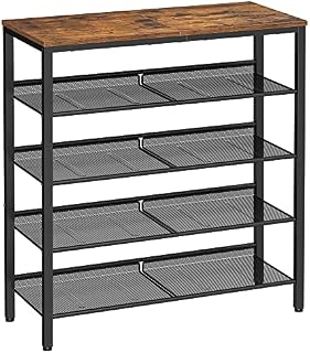 VASAGLE 5-Tier Shoe Rack, Tall Shoe Storage with 4 Mesh Shelves and Large Top for Bags, Space-Saving for Entryway, Hallway, Steel, Industrial, Rustic Brown and Black LBS038B01