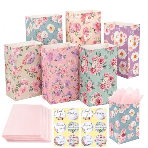 RhiVrillion 6 Sacs Cadeaux Fleuris + 12 Autocollants, Papier de Soie – Sac Cadeau Anniversaire Enfant, Pochette Cadeau, Sachet Bonbon Anniversaire Fille, Rangement Papier Cadeau