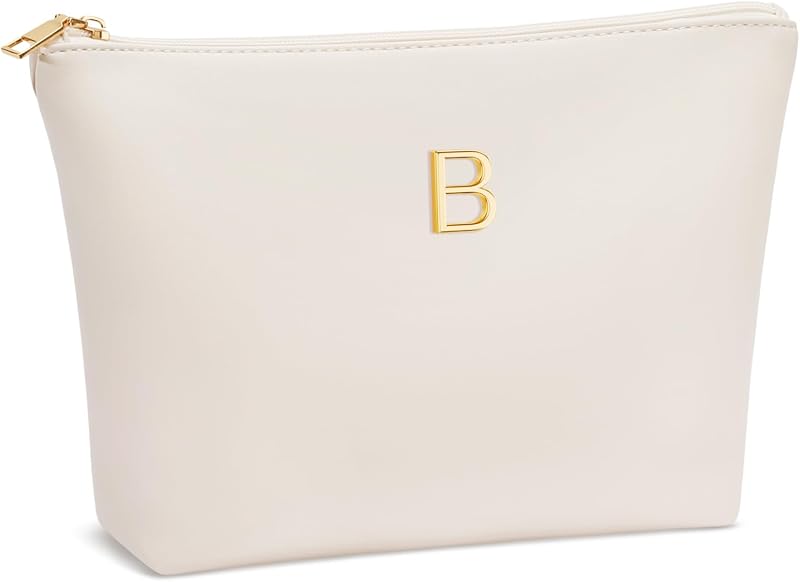 Necessaire de maquiagem CLOUDWINGS em couro sintético PU bege com inicial metálica