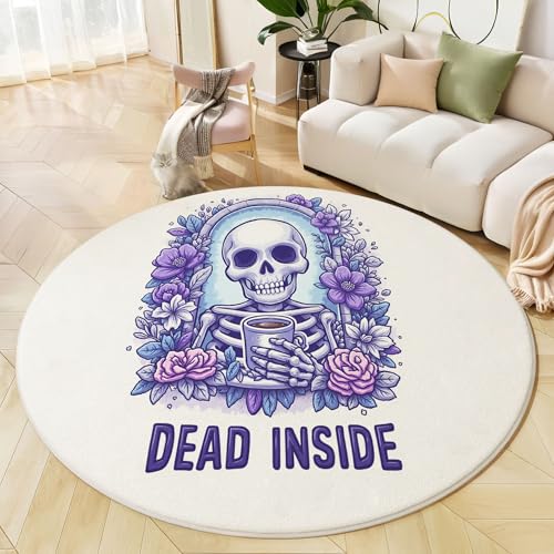 Tapis rond fleur de crâne dessin animé lavable beige