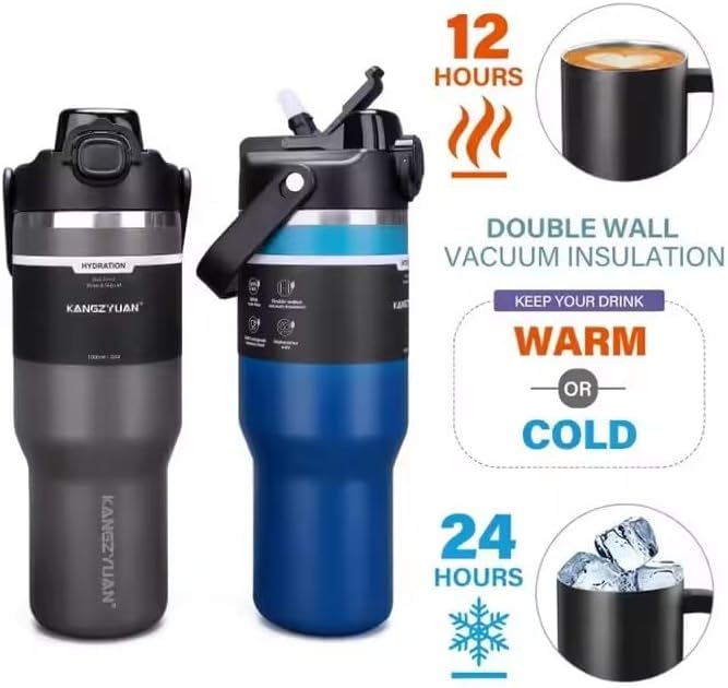 32 oz Stainless Steel Insulated Tumbler with Handle, Lid and Straw, 100% Leak-Proof, 24 Hours Insulated Stylish Travel Water Bottle - Image 3