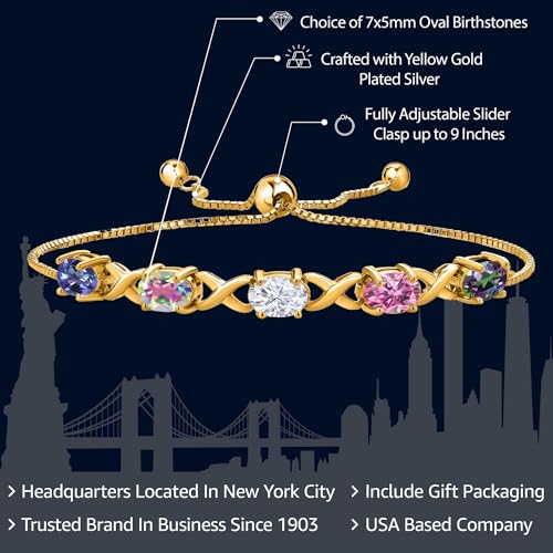 Gem Stone King 18K Yellow Gold Plated Silver Customized and Personalized 7X5MM 5 Stone Oval Gemstone Birthstones Bracelet For Women | Adjustable Bolo Bracelet For Women | Easy-On Easy-Off2