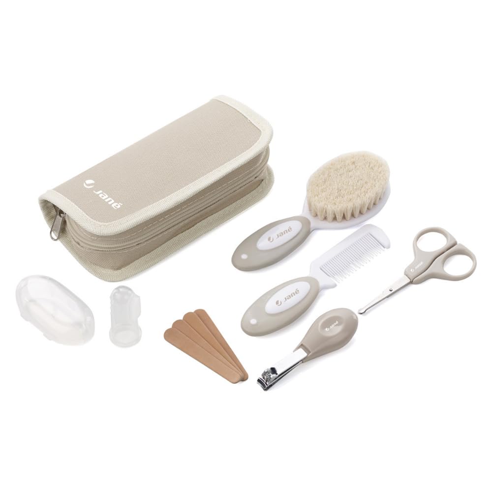 Jané Kit Hygiène Bébé avec Trousse, Set Complet Nouveau-né 8 Pièces, Brosse Poils Naturels, Ciseaux, Coupe-ongles, Lime, Brosse Dentaire Silicone, Beige
