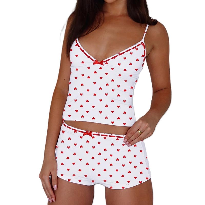 Image of Womens Y2K Cute Print Cami Pajama Sets Lace Trim V Neck Tank Top Shorts Set Bow Heart Print 2 Piece Sleepwear