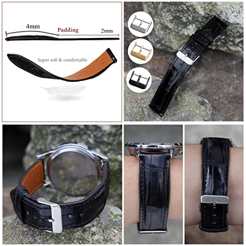 Vinacreations 20Mm Black Alligator Leather Watch Band Men Crocodile Belly Quick Release Vintage Replacement Wristwatch Strap Silver Tag Buckles Dh-01-20Mm #TOP3