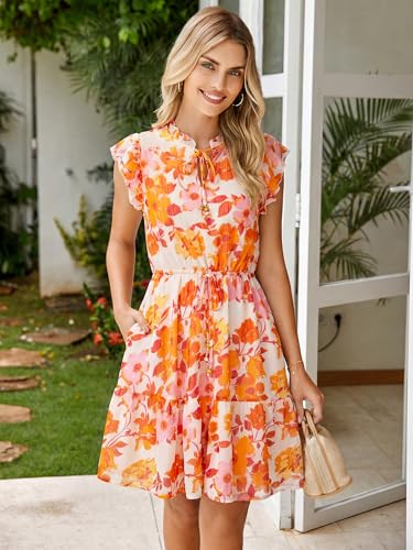Image of Simplee Womens Summer Dress 2026 V-Neck Drawstring Ruffle Cap Sleeve Side Pockets Floral Short Dress Flowy Sundress(Orange Floral M)