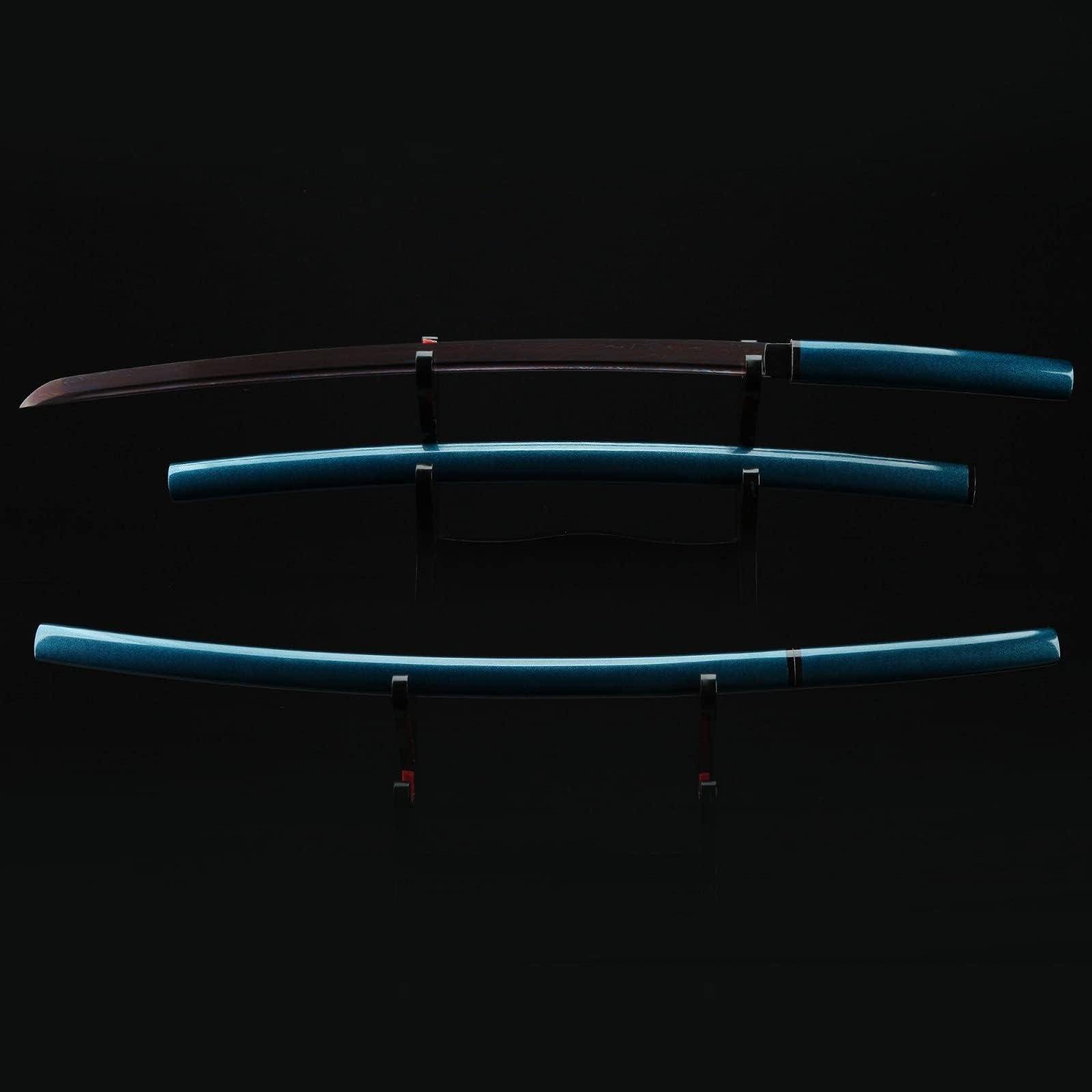 TRUEKATANA Blue Handmade Damascus Steel Red Blade Shirasaya Katana Samurai Swords