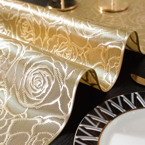 Hosoncovy Hollow Rose Table Runner Non-slip Decorative PVC Table Mats Placemat Heat Resistant Mats for Home Party Kitchen Dining Wedding Decor (92CM X 33CM) (Gold) - Image 4