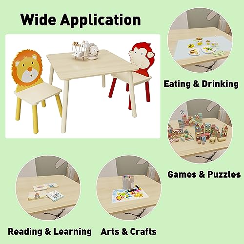 Image of Wood Table & Chairs 3 Pieces Set, Boys Girls Activity Table w / 2 Animal Shaped Chairs, Solid Wood Legs, Safe Rounded Corners, Playroom Furniture for Boys & Girls Activity Dining Drawing Craft.