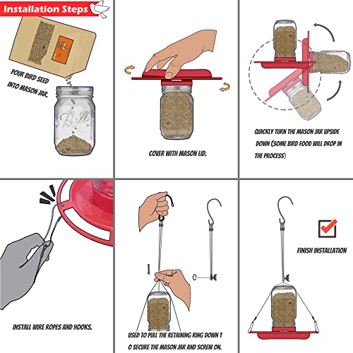1 PCS | Birds Feeder for Outside Hanging | Wild Birds Feeders Suitable for Mason Jar (2.75 in Diameter-8/16/24/32oz) | Birds Feeders as Garden Gift | Premium Red - Thumbnail 4